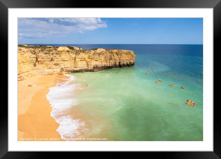 View of cliffs and canoes on ocean, beach near Albufeira, Portug Framed Mounted Print by Laurent Renault