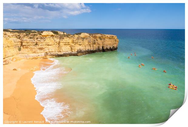 View of cliffs and canoes on ocean, beach near Albufeira, Portug Print by Laurent Renault