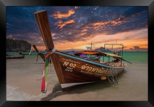Long tail boat on Ao Nang Beach, Framed Print by Kevin Hellon