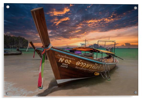 Long tail boat on Ao Nang Beach, Acrylic by Kevin Hellon