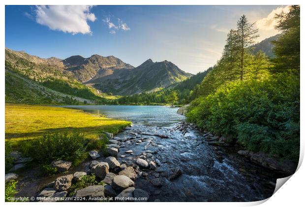 Trees and rocks along the shores of Lake Arpy. Aosta Valley Print by Stefano Orazzini