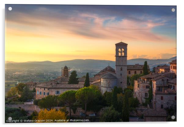 Assisi town at sunset. Perugia, Umbria, Italy. Acrylic by Stefano Orazzini
