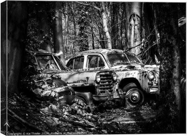Old rusted car in the woods Canvas Print by Kai Thieler