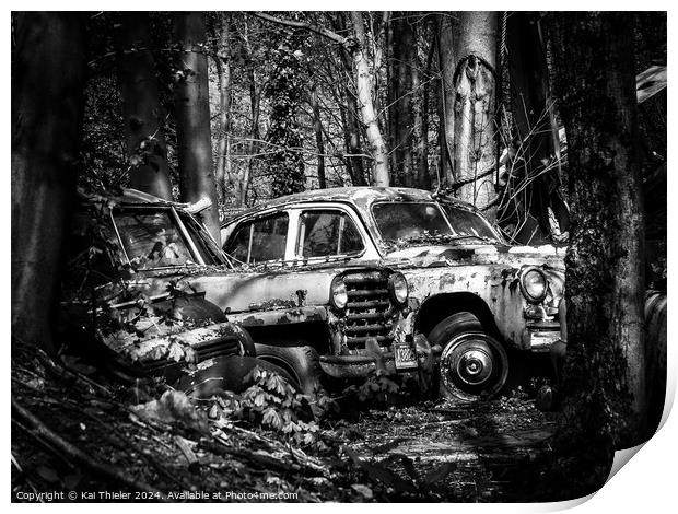 Old rusted car in the woods Print by Kai Thieler
