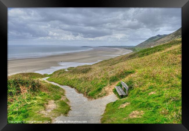 Rhossili Bay cliff path Gower Wales Framed Print by Diana Mower