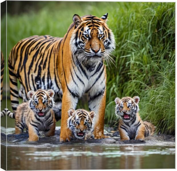 tiger and baby cubs Canvas Print by kathy white