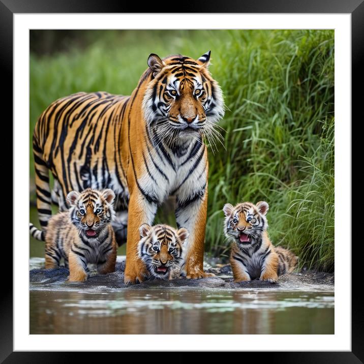 tiger and baby cubs Framed Mounted Print by kathy white