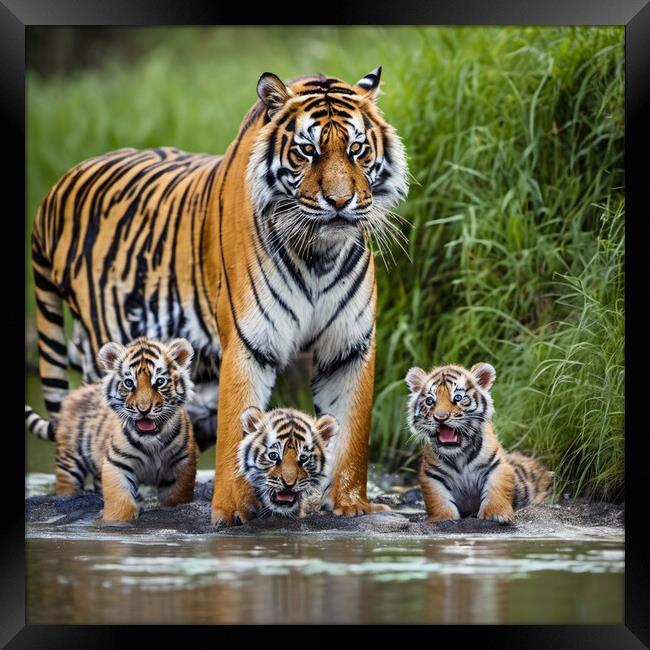tiger and baby cubs Framed Print by kathy white