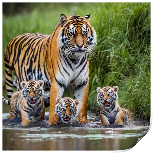 tiger and baby cubs Print by kathy white