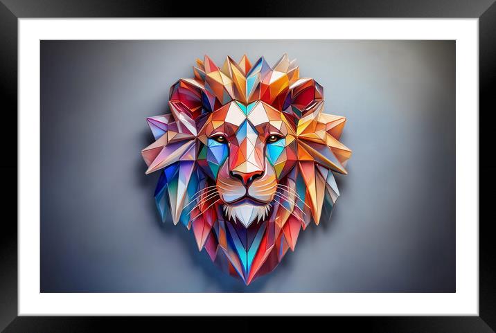 Artistic lion's head composed of colorful geometric polygons. Abstract nonphoto Framed Mounted Print by Guido Parmiggiani