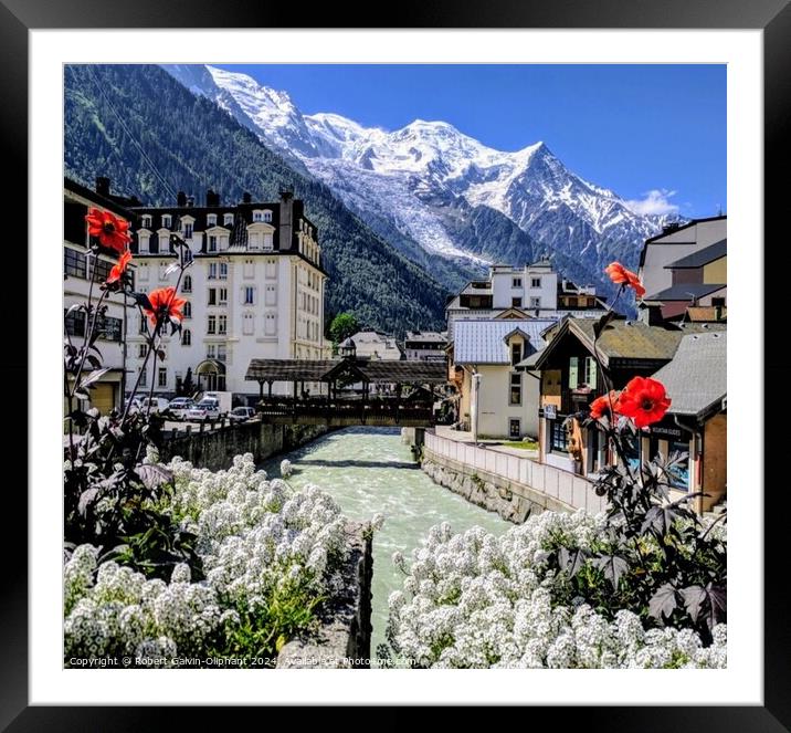 Flowers, river, and snowy Alps Framed Mounted Print by Robert Galvin-Oliphant