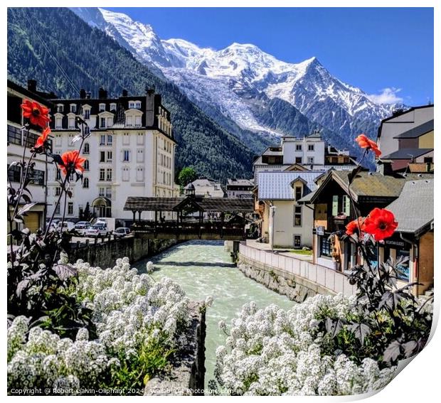 Flowers, river, and snowy Alps Print by Robert Galvin-Oliphant