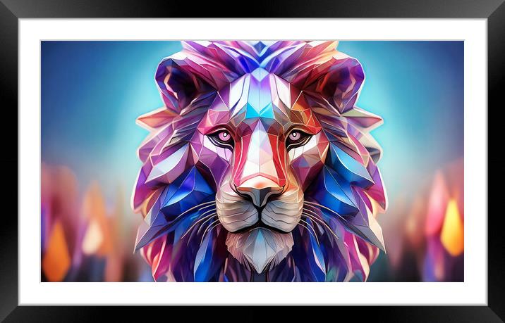 An artistic lion head made up of colorful geometric polygons. Framed Mounted Print by Guido Parmiggiani
