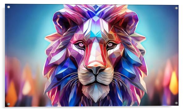 An artistic lion head made up of colorful geometric polygons. Acrylic by Guido Parmiggiani