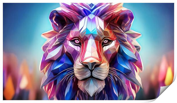 An artistic lion head made up of colorful geometric polygons. Print by Guido Parmiggiani