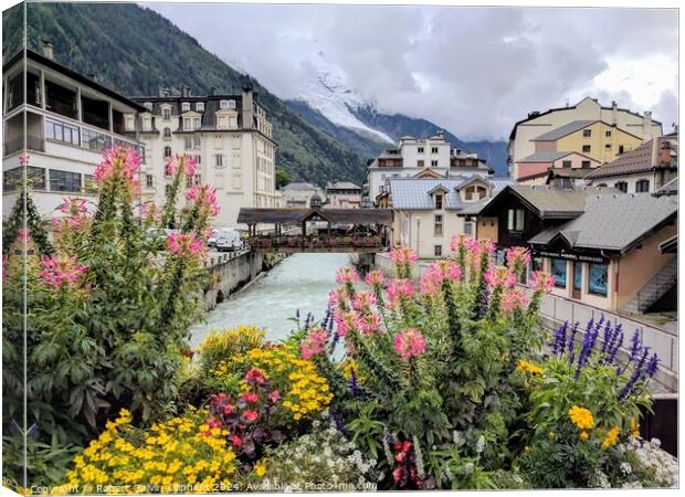 Alpine scene with flowers, river and glacier  Canvas Print by Robert Galvin-Oliphant