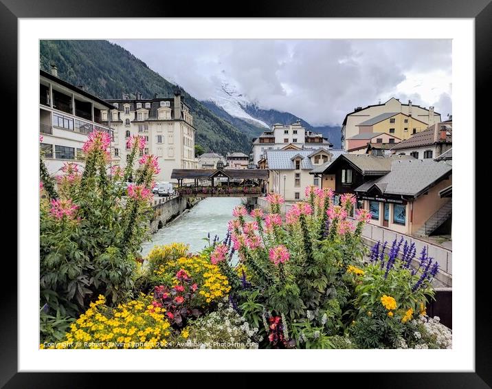 Alpine scene with flowers, river and glacier  Framed Mounted Print by Robert Galvin-Oliphant
