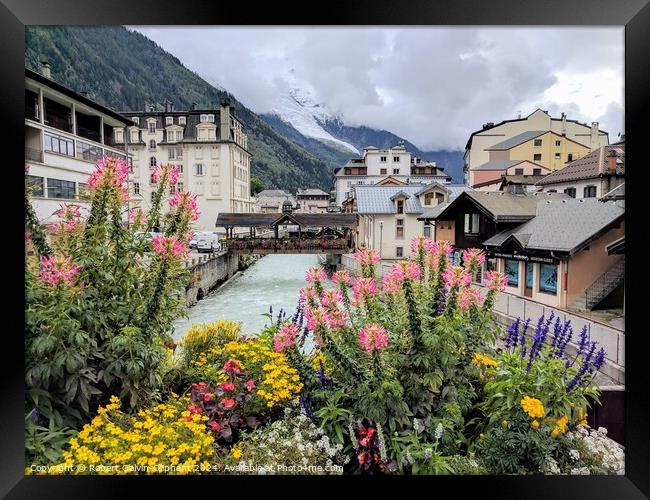 Alpine scene with flowers, river and glacier  Framed Print by Robert Galvin-Oliphant