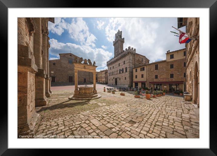 Piazza Grande, the well, and Palazzo Comunale of Montepulciano.  Framed Mounted Print by Stefano Orazzini