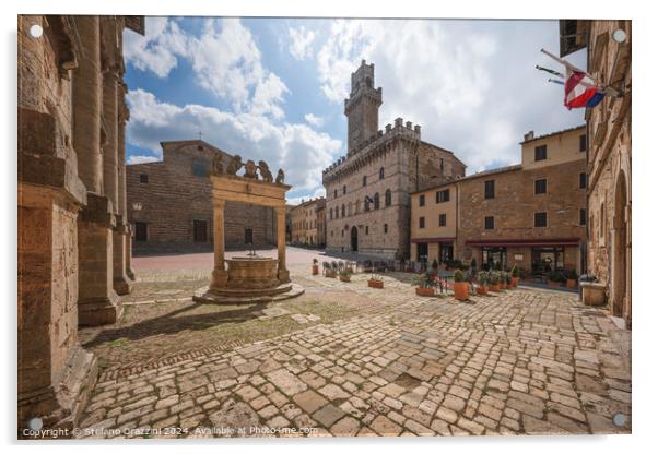 Piazza Grande, the well, and Palazzo Comunale of Montepulciano.  Acrylic by Stefano Orazzini