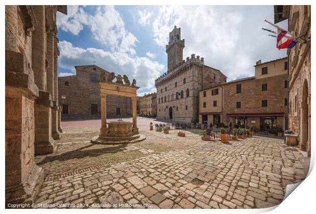 Piazza Grande, the well, and Palazzo Comunale of Montepulciano.  Print by Stefano Orazzini