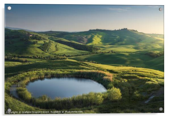 Small lake in the hills of the Crete Senesi at sunset. Tuscany,  Acrylic by Stefano Orazzini