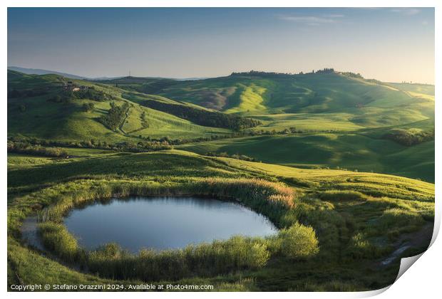Small lake in the hills of the Crete Senesi at sunset. Tuscany,  Print by Stefano Orazzini
