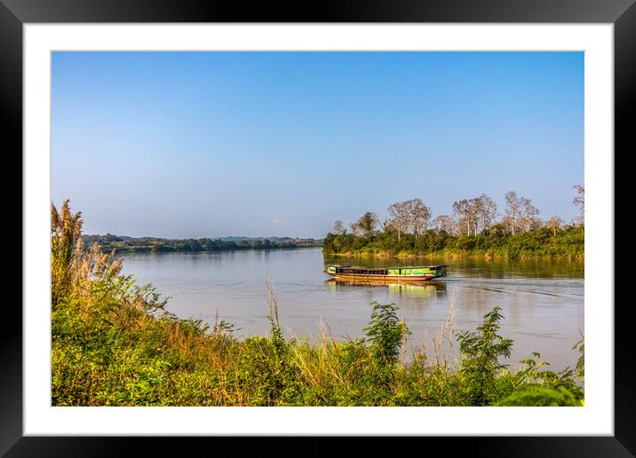 Wooden Boat on Mekong River Framed Mounted Print by Kevin Hellon