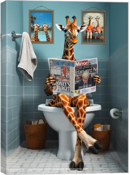 Giraffe on the Toilet Reading Newspaper Canvas Print by Craig Doogan