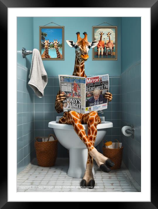 Giraffe on the Toilet Reading Newspaper Framed Mounted Print by Craig Doogan