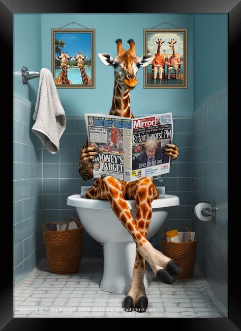 Giraffe on the Toilet Reading Newspaper Framed Print by Craig Doogan