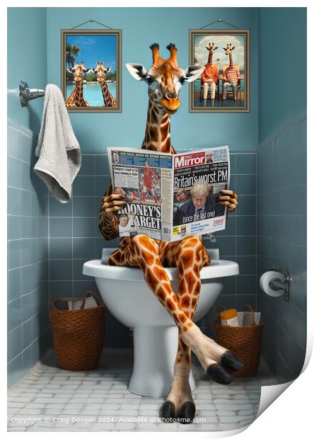 Giraffe on the Toilet Reading Newspaper Print by Craig Doogan