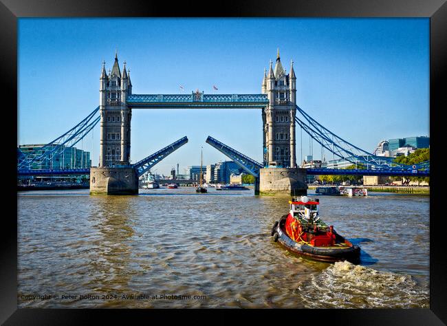 Tower Bridge Sailing Boat Framed Print by Peter Bolton