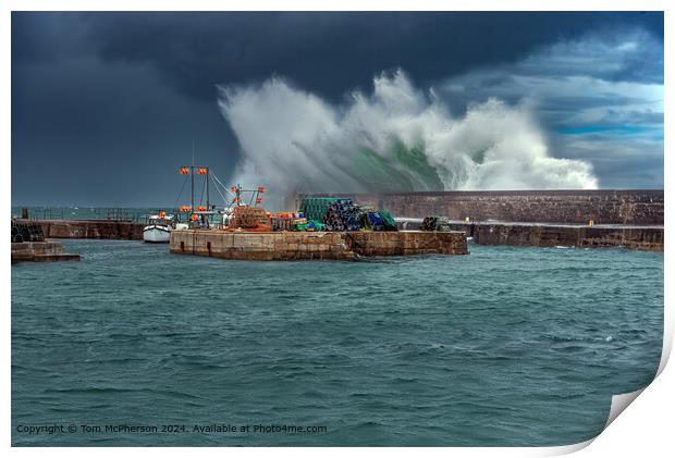 Wild Waves at Hopeman Harbour Print by Tom McPherson