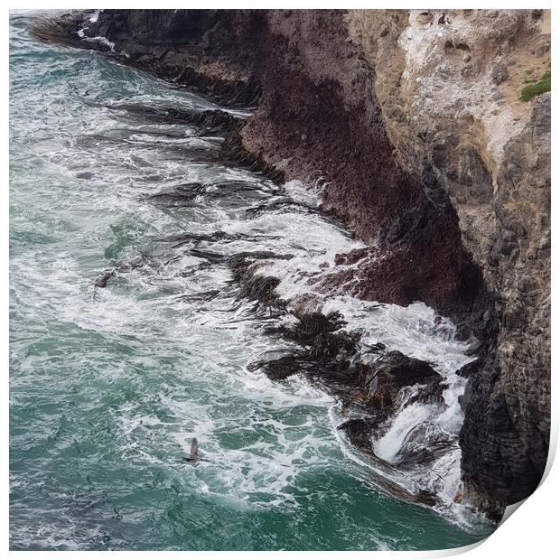 A sea waves hitting the cliff Print by Junya Rawson