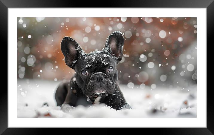 Colourful French Bulldog Snow Scene Framed Mounted Print by K9 Art