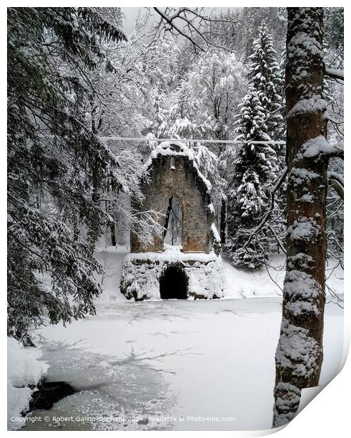 Artificial chapel ruin in snow Print by Robert Galvin-Oliphant