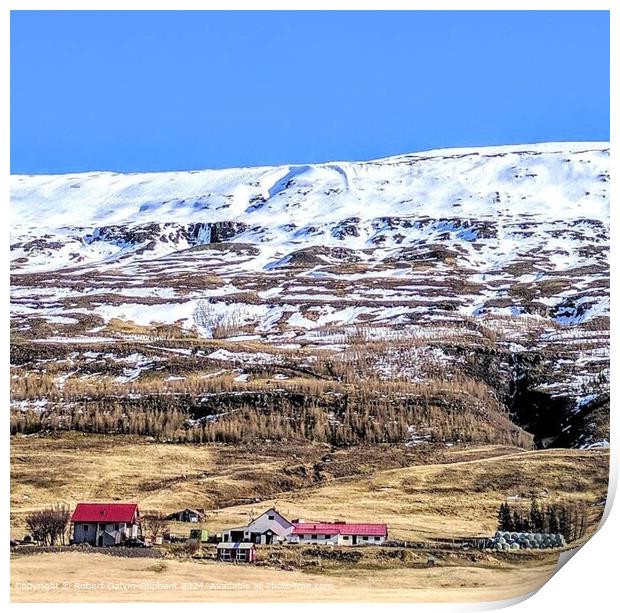 Iceland Farm Snowy Mountains Print by Robert Galvin-Oliphant