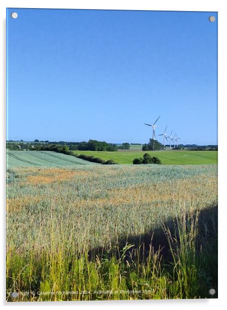 Green Fields Windmill Landscape Acrylic by Catalina Fernández