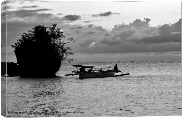 Fishing Boat Silhouette Indonesia Black and White  Canvas Print by Alice Rose Lenton
