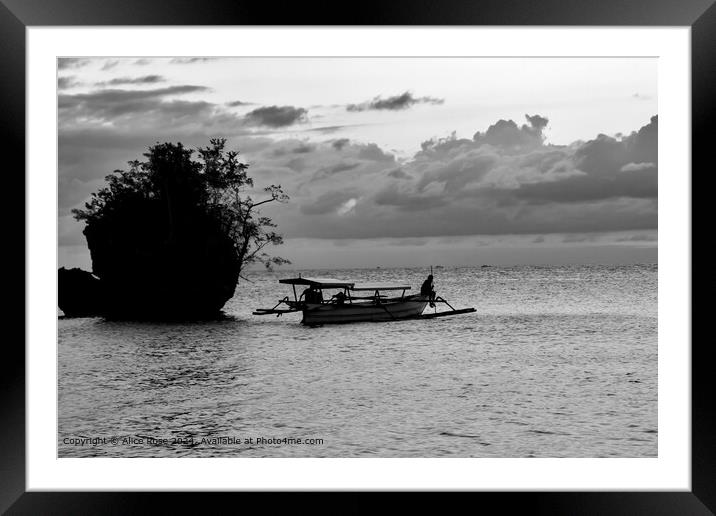 Fishing Boat Silhouette Indonesia Black and White  Framed Mounted Print by Alice Rose Lenton