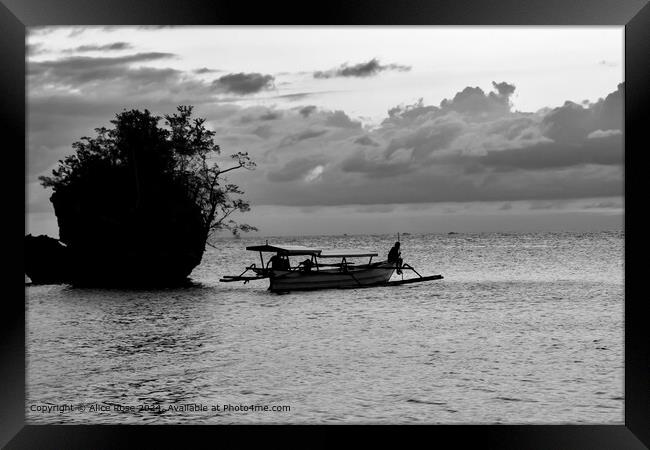 Fishing Boat Silhouette Indonesia Black and White  Framed Print by Alice Rose Lenton