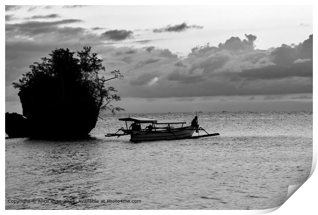 Fishing Boat Silhouette Indonesia Black and White  Print by Alice Rose Lenton