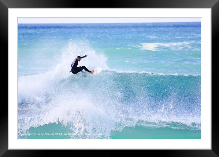 Blue Waves Surfing Cornwall Framed Mounted Print by kelly Draper