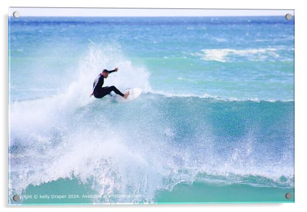 Blue Waves Surfing Cornwall Acrylic by kelly Draper