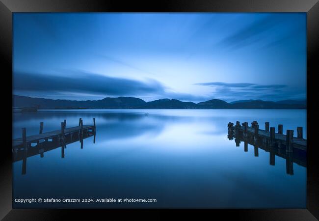 Blue Lake Sunset Pier Framed Print by Stefano Orazzini