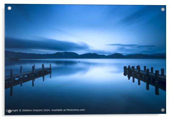 Blue Lake Sunset Pier Acrylic by Stefano Orazzini