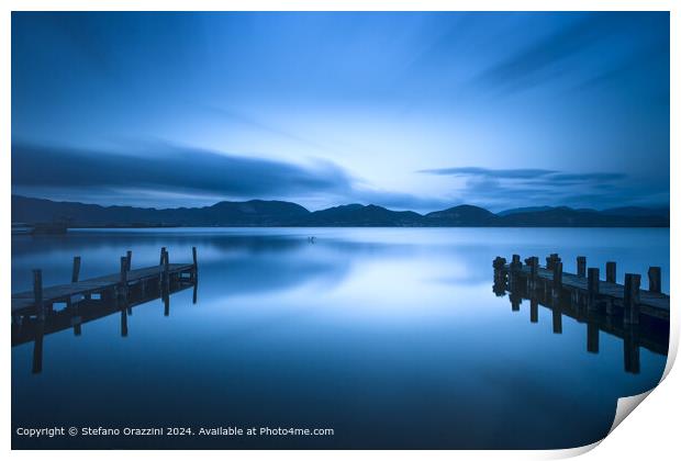 Blue Lake Sunset Pier Print by Stefano Orazzini