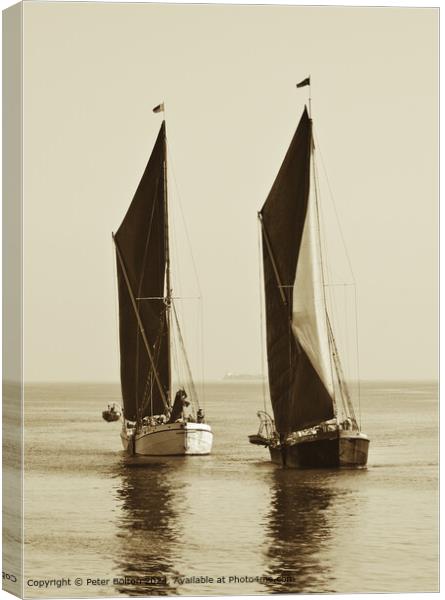 Sepia Thames Barges Southend Canvas Print by Peter Bolton