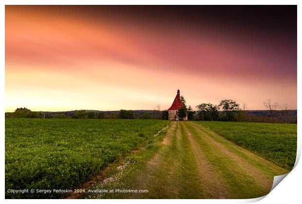 Old church in the summer field. Dobronice u Bechyne, Czech republic. Print by Sergey Fedoskin